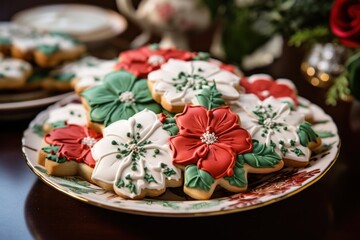 Holiday-themed cookies on a table adorned with seasonal flowers and greenery