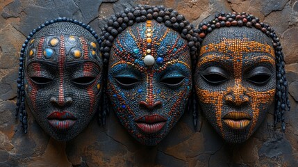 Detailed view of three intricately designed African masks displaying unique artistry. Generative AI
