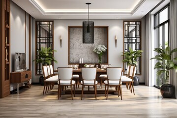 Elegant dining room with modern decor and ample natural light