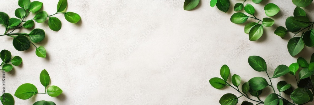 Poster natural green leaves surrounding an empty space for text on a light background. generative ai