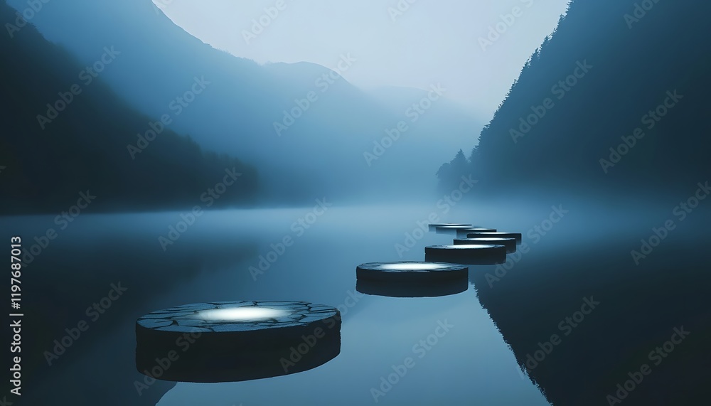 Poster tranquil misty landscape with floating stones in calm water reflecting mountains and sky in a serene
