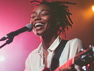 Smiling singer performing on stage with a guitar in a vibrant atmosphere