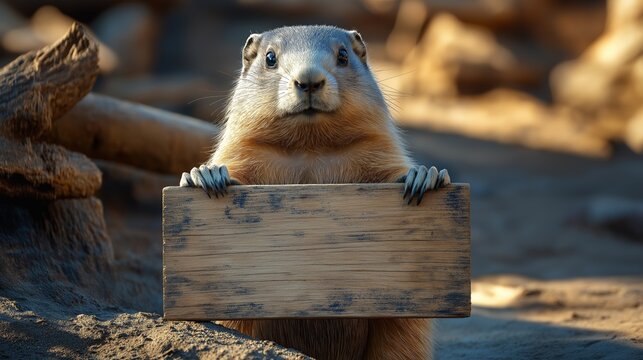 Groundhog Holding Wooden Sign, Desert Environment, Cute Wildlife Portrait for Groundhog Day Promotion, Warm Earthy Tones