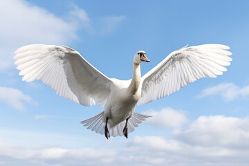 Fototapeta premium Wild swan spreading its wings in mid-flight against a bright blue sky isolated on white background