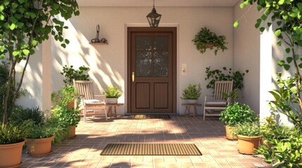 Fototapeta premium Simple front porch with doormat, small table and two chairs, surrounded by potted plants. generative ai