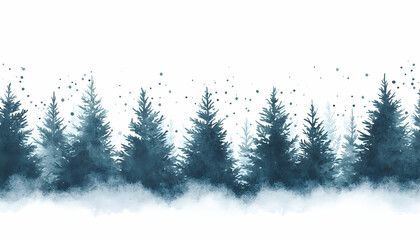 Fototapeta premium hand-drawn watercolor illustration of a snowy coniferous forest, serene winter landscape ideal for holiday designs -