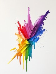 Vibrant rainbow paint explodes dynamically across white canvas creating joyful energy. AI Generated