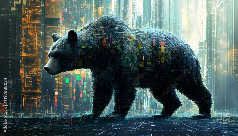 Poster majestic digital bear standing in a futuristic cityscape with neon lights and vibrant data streams c