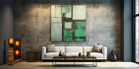 A stylish living room showcases a large abstract artwork with shades of green