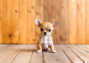 Cute tiny chihuahua puppy dog sitting on wooden background