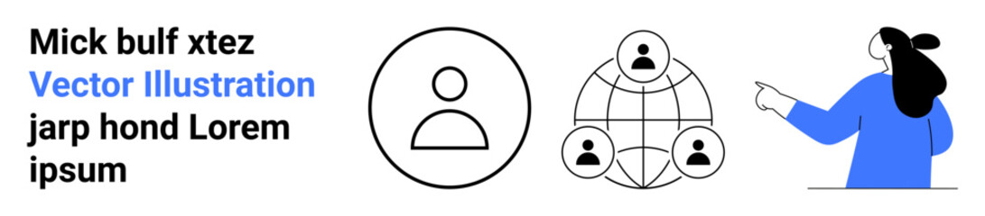 Person icon, organizational structure diagram, and a woman pointing towards text elements. Ideal for business, team management, networking, communication, presentations, web design, educational