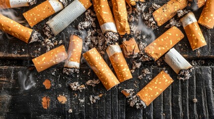 Smoked cigarettes, ash, dark surface, debris.