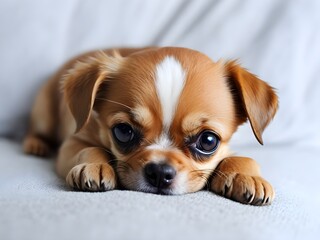 Sad cute tiny chihuahua puppy dog up close