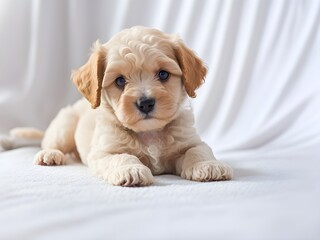 Cute white puppy sitting on blanket up close