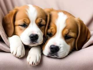 Cute beagle puppies sleeping and cuddling