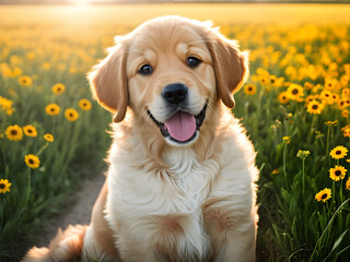 Happy golden retriever in sunny meadow with yellow flowers