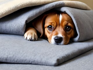 Scared puppy hiding under blanket