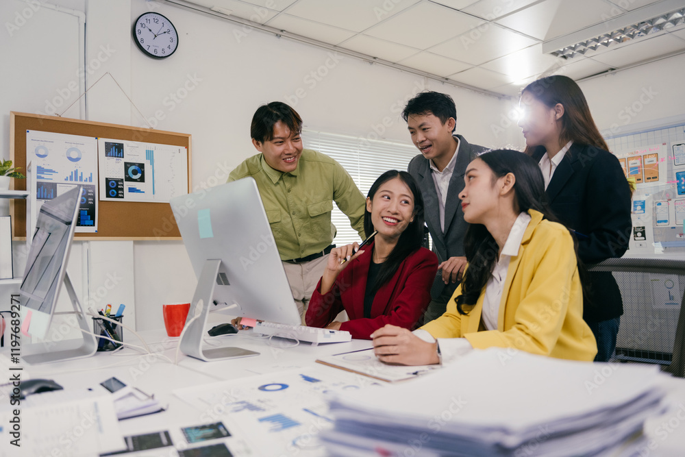 Poster group of young asian professionals collaborating on a project, analyzing data on a computer screen i