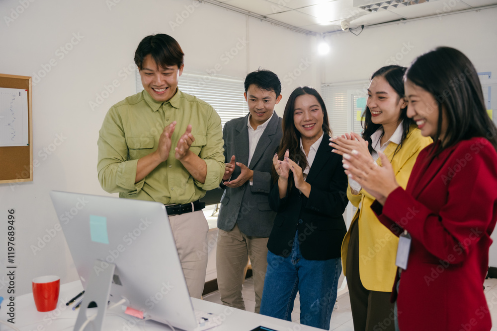 Poster diverse group of smiling business professionals is applauding a successful online presentation or vi