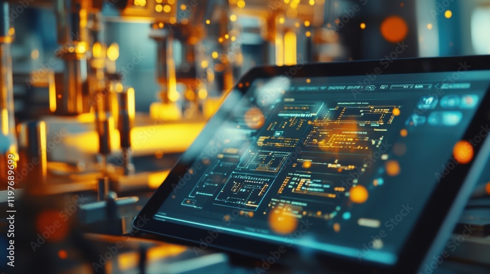Poster a closeup view of a tablet showing an online course titled lean manufacturing principles with intera
