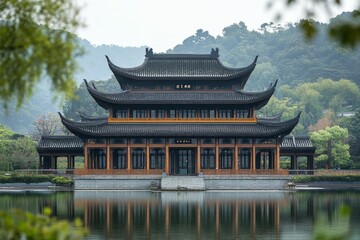 Obraz premium Serene pavilion reflects on calm lake, hills.