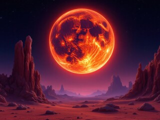 Fiery Planet in Alien Landscape"