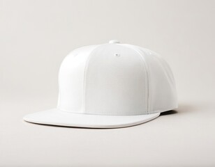 Fototapeta premium Stylish unadorned white snapback cap with a glossy finish on a neutral background.