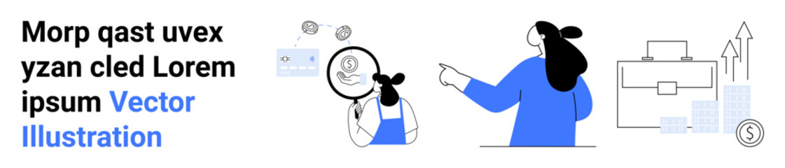 Two professionals analyzing financial data one with a magnifying glass inspecting coins, the other pointing at a chart. Ideal for finance, business, economics, data analysis, consulting, strategy