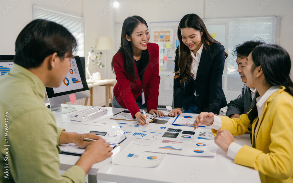 Poster asian entrepreneurs and managers are discussing company performance, analyzing charts and reports du