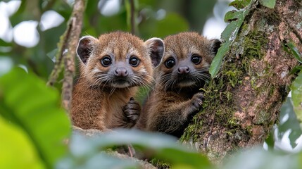 Obraz premium Two baby coatis in rainforest tree, peering out. Wildlife conservation use