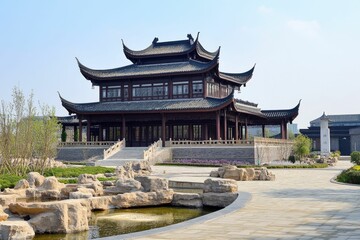 Obraz premium Ornate pavilion, landscaped garden, tranquil pond.