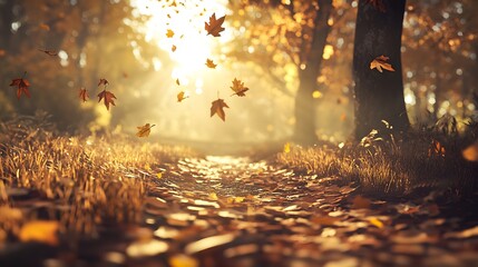 Golden autumn sunlight streams through trees onto a path covered in fallen leaves.  Crisp air, falling leaves create a serene, magical autumn scene.