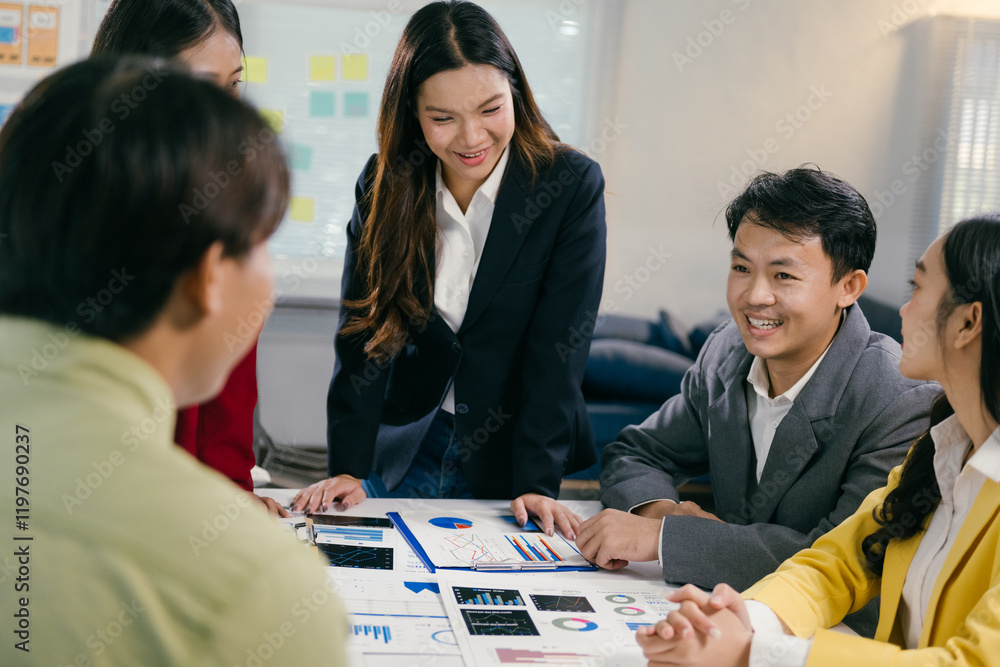 Poster group of diverse asian colleagues discussing marketing data and company strategy, analyzing financia