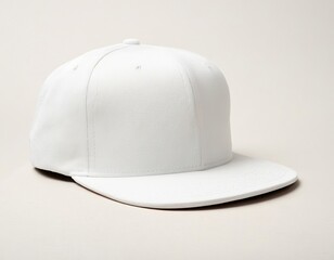 Fototapeta premium A stylish white snapback cap displayed on a soft beige background.