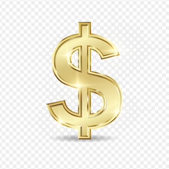 Golden US dollar currency symbol isolated on transparent background. Golden dollar sign. 3D signs money currency sign. 3D vector Illustration