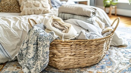 Obraz premium Overflowing Laundry Basket Filled With Dirty Clothes and Towels in a Cozy Bedroom Setting