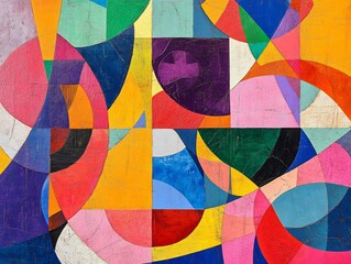 Fototapeta premium Vibrant geometric shapes playfully intersect creating a joyful abstract painting. AI Generated