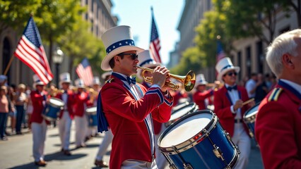A lively patriotic band plays brass instruments in red, white, and blue uniforms. Flags wave, drums beat, and spectators cheer, celebrating unity and pride on Presidents Day.