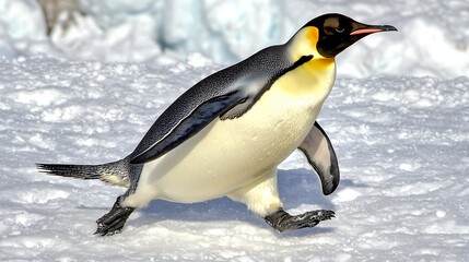 Fototapeta premium Emperor penguin walking Antarctic snow, iceberg background, wildlife documentary