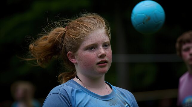 Teenage Girl Shows Determination by Heading Soccer Ball Into the Net During an Afternoon Match at the Local Field