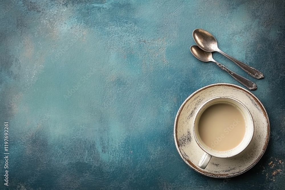 Poster text space with a ceramic cup of coffee and two vintage spoons on a textured blue background. genera
