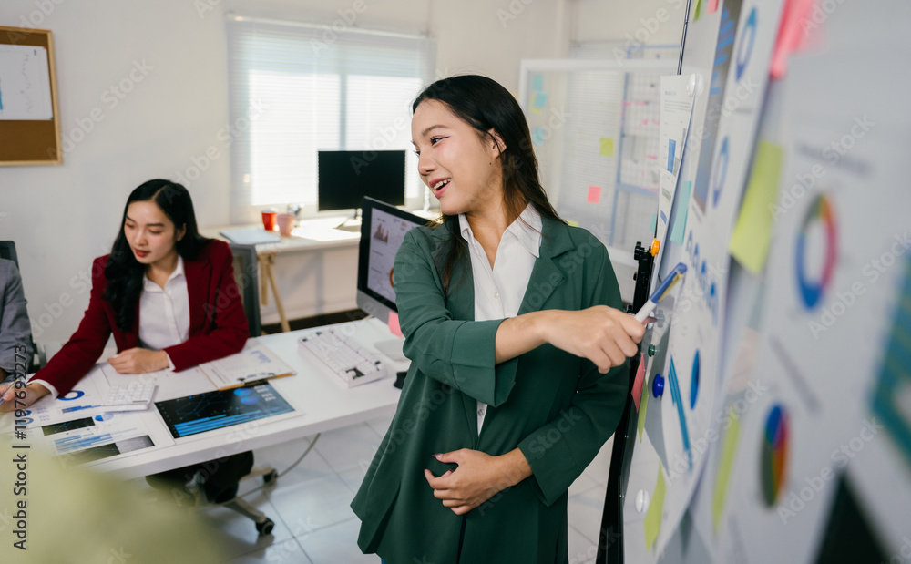Aufkleber Asian businesswomen collaborating in a team meeting, utilizing a whiteboard to present charts and graphs while discussing project strategies in a modern office environment