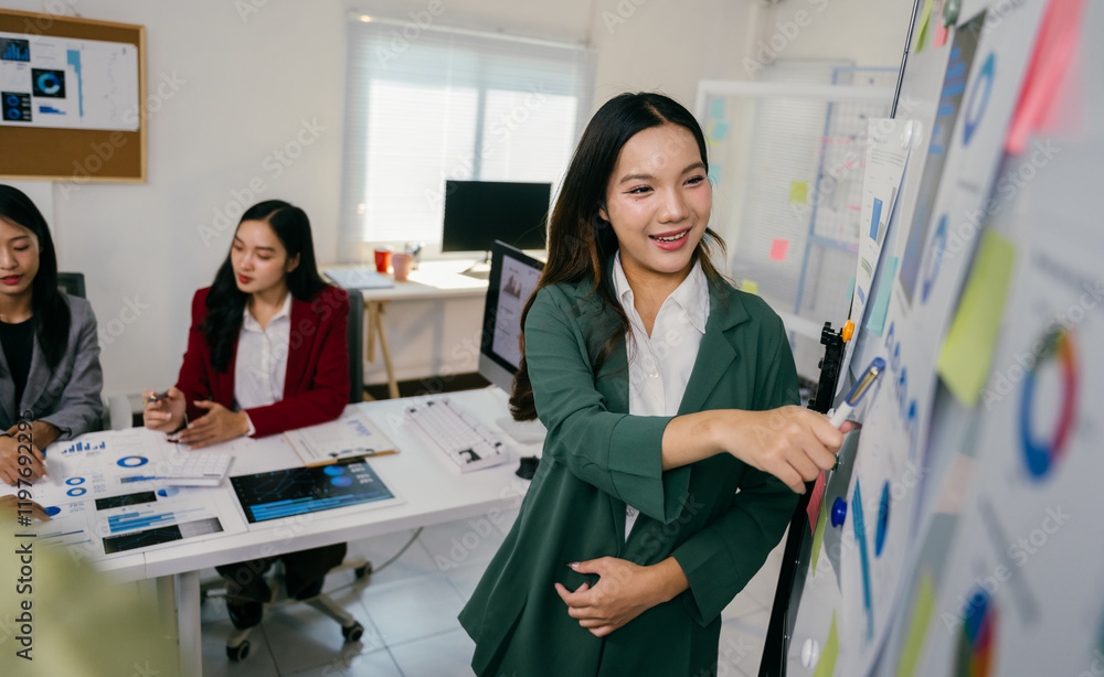 Aufkleber smiling businesswoman pointing at charts and graphs on a whiteboard during a presentation to her col