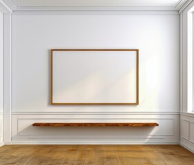 Empty gallery wall with wooden shelf and natural light streaming in