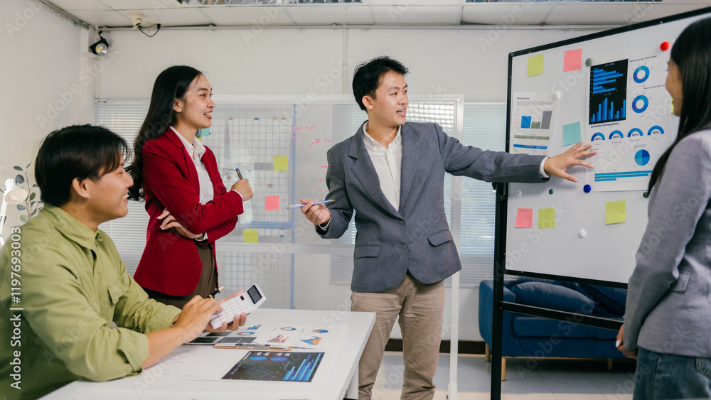 Poster business colleagues discussing marketing strategy and analyzing charts and reports on whiteboard dur