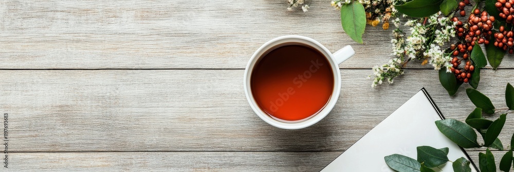 Aufkleber warm cup of herbal tea surrounded by nature on wooden table with space for text overlay. generative 