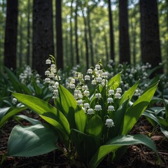 Obraz premium A delicate lily of the valley in a shaded forest.