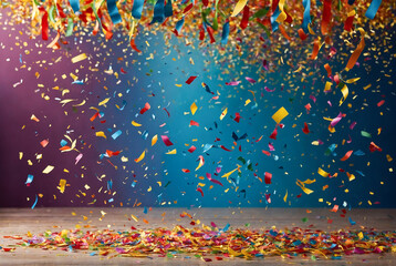 Confetti raining down on a colorful background, festive atmosphere