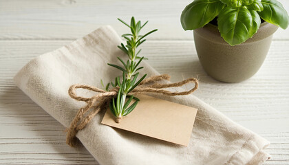 A cozy table-top arrangement featuring a small green potted plant, neatly folded fabric, and a blank white card. Perfect for lifestyle, minimalism, and decoration concepts.

