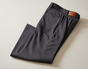 A neatly folded pair of men's dark grey dress pants on a light background, showcasing its tailored design.